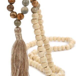 8MM Semi-Precious Gem Stones Wood Mala Bead Necklace Multicolor Tassel Charms Ch